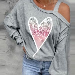 COPY - HEART PRINT COLD SHOULDER T-shirtlong sleeve @f